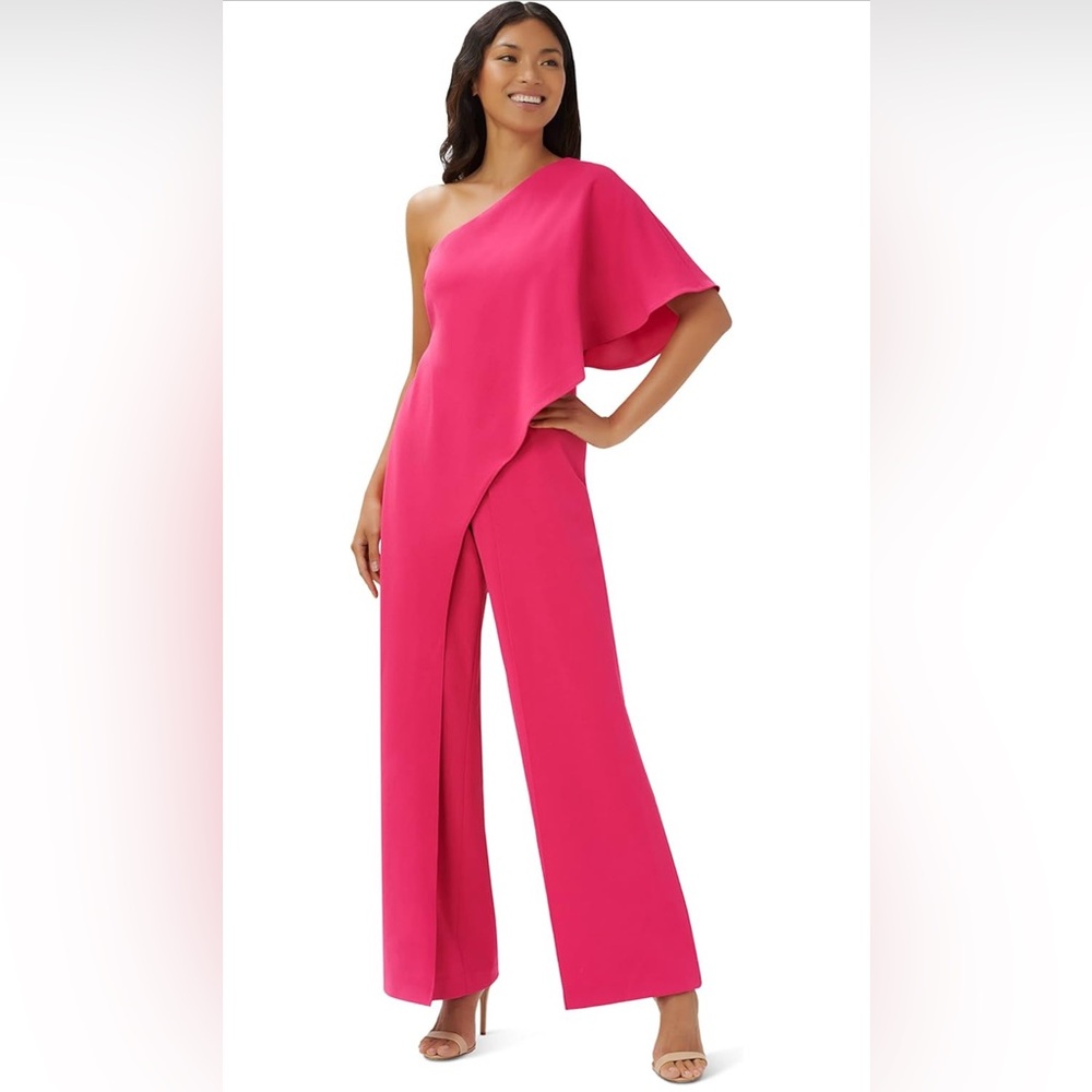 Adrianna Papell One Shoulder Crepe Melania Jumpsuit Size 12, Pink
